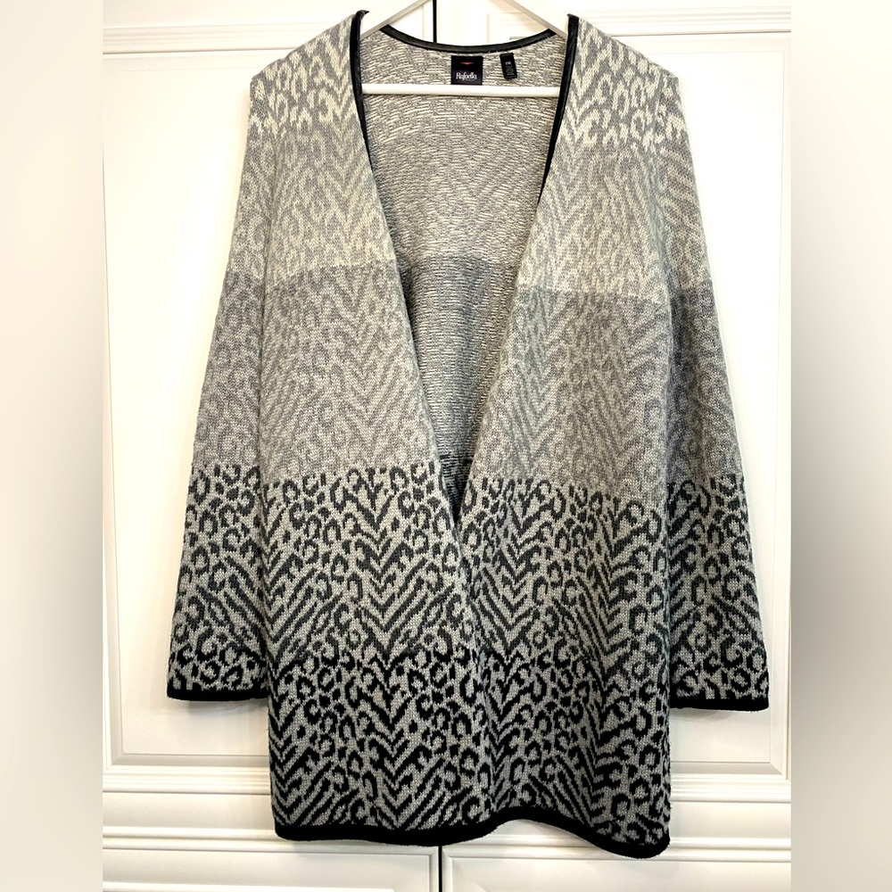 Rafaella Petite Medium Open Front Long Cardigan Grey Pattern Faux Leather Trim